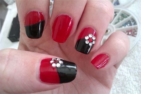 Simple DIY Nail Art Designs: Easy Red and Black Nail Design with Rhinestone Flowers | Flickr ...