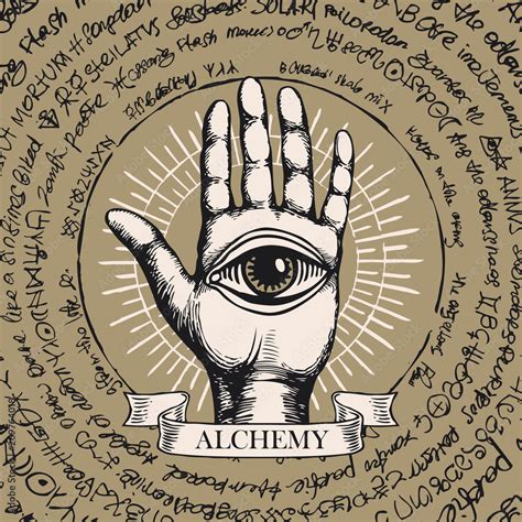 Vector illustration with open hand with all seeing eye symbol. Human palm with ancient ...