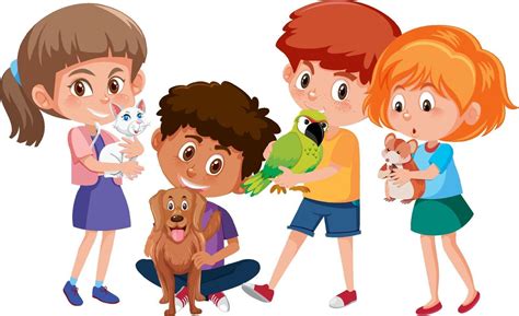 Muchos niños con sus mascotas personaje de dibujos animados sobre fondo blanco. 1945688 Vector ...