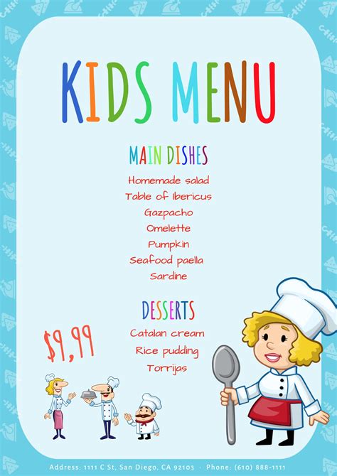 Kids menu template with main dishes and desserts | Menú infantil, Plantillas de menú gratis ...