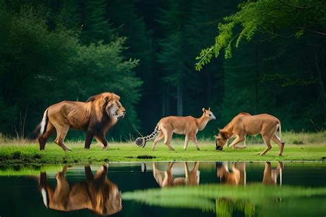 Premium AI Image | A lion and a deer are walking by a lake.