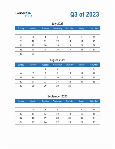 Q3 Quarterly Calendar 2023 in PDF, Word, Excel