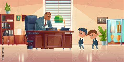 Teacher meeting with kids in principals office. Vector cartoon illustration of kind man school ...