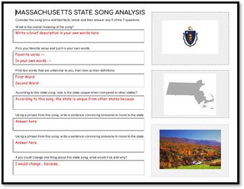 MASSACHUSETTS State Song Analysis: fillable boxes, lyrics, analysis ...