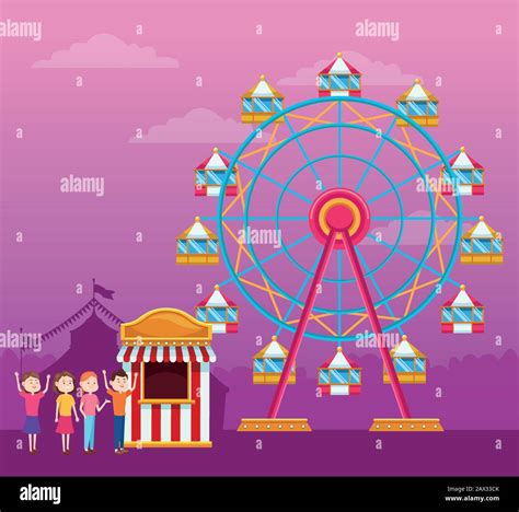 Happy people next to ferris wheel ticket booth and ferris wheel over ...