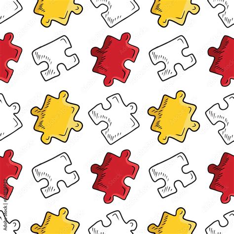 Seamless pattern with red and yellow cartoon jigsaw puzzles pieces on ...