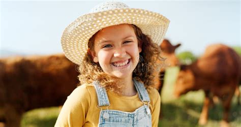Happy Little Girl, Portrait Smile and Farm with Animals Enjoying Travel and Nature in the ...