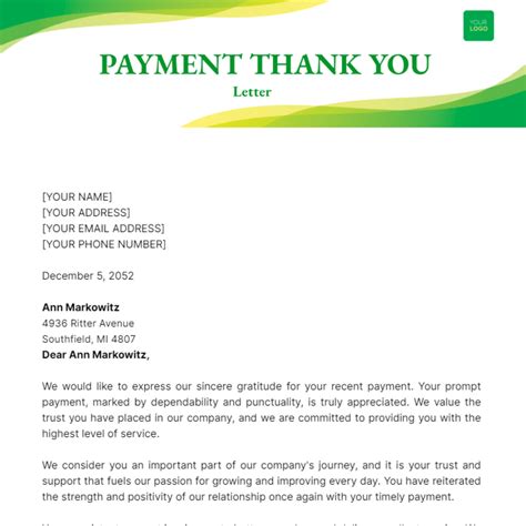 Payment Thank You Letter Template - Edit Online & Download Example | Template.net