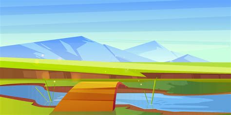 Cartoon nature landscape wooden bridge over river 13788670 Vector Art at Vecteezy