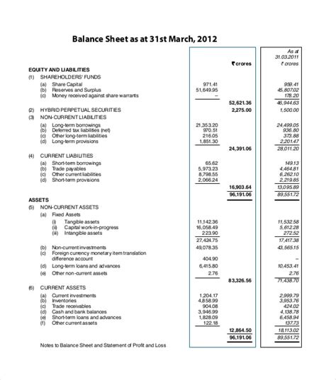 Vertical Balance Sheet Template | Free Sheet Templates