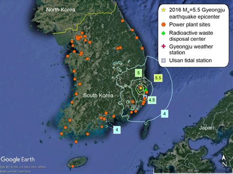 Map of South Korea showing locations of major thermal and nuclear power ...