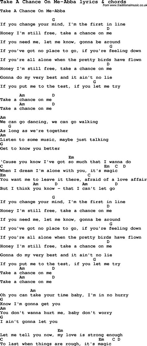 Love Song Lyrics for:Take A Chance On Me-Abba with chords.