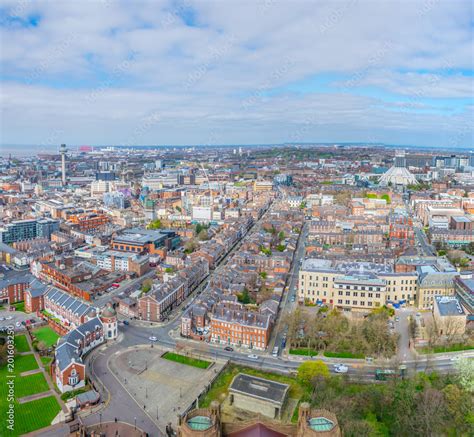 Aerial view of Liverpool including the metropolitan cathedral and radio city tower ...