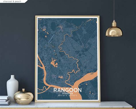 RANGOON Myanmar Map Poster Black White Hometown City Print Modern Home ...