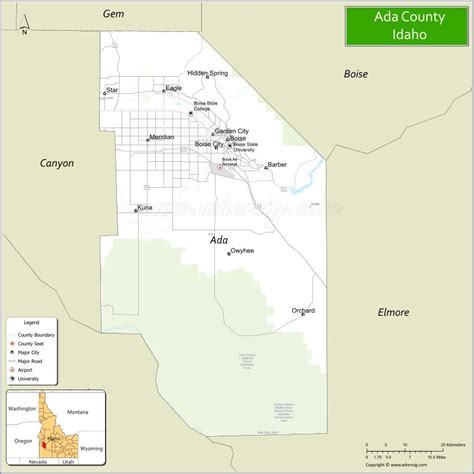 Map of Ada County, Idaho showing cities, highways & important places ...