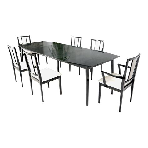 Cerused Ebonized Walnut Dining Room Table 6 Chairs Set w/ Two Extension Boards - 7 Pieces | Chairish