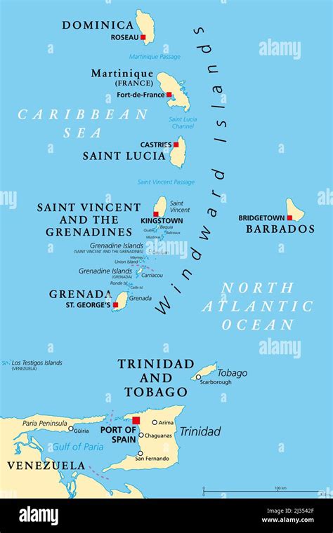 Windward Islands political map. Islands of the Lesser Antilles, south ...