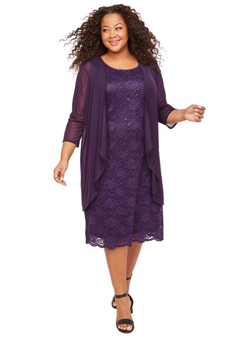 Catherines Women's Plus Size Sparkling Lace Jacket Dress - 32 W, Purple ...