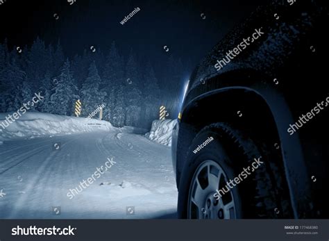 Dangerous Winter Road At Night. Colorado Road Drive In Snow Storm ...