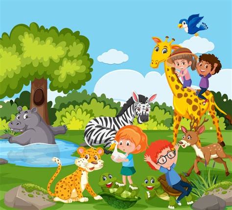 Children playing with wild animal 589416 Vector Art at Vecteezy