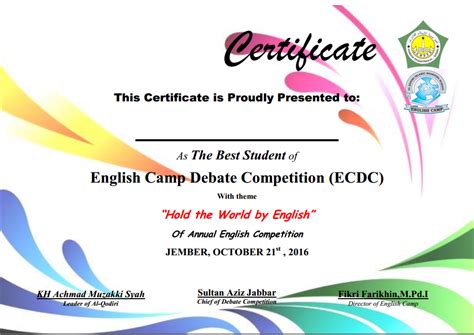 Sertifikat debat Bahasa Inggris English camp 2016 - ENGLISH CAMP