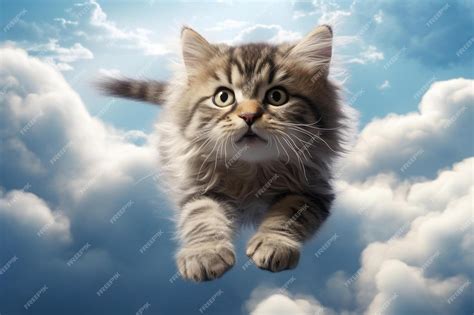 Premium AI Image | A cat is flying in the sky with clouds.