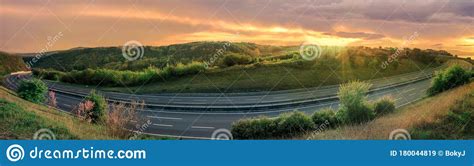 The Empty Highway Goes Uphill with a Beautiful Sunset. Stock Image - Image of destination, curve ...