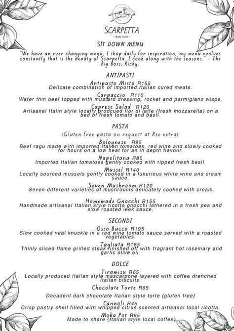 Menu at Scarpetta restaurant, Cape Town