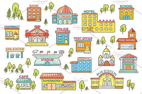 colorful buildings and trees with the names of different departmentss ...