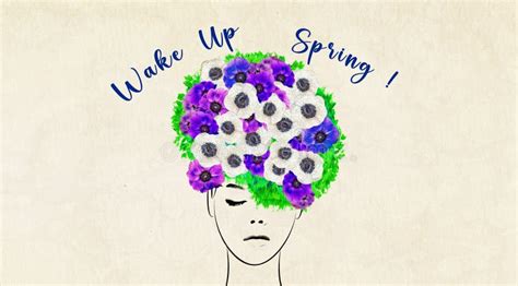 Wake Up Spring ! - Poster. Woman with Many Flowers Like a Hat. Colorful ...