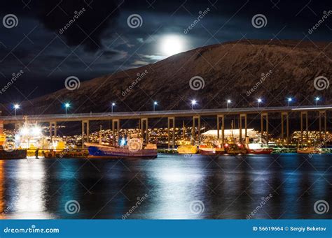 Night View of Tromso Bridge with Lights in the City of Tromso in Stock ...