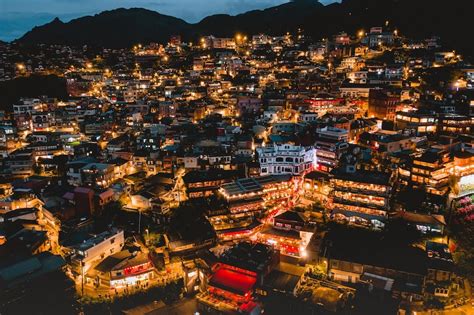 Premium Photo | Aerial view of night scene of jioufen village taiwan ...