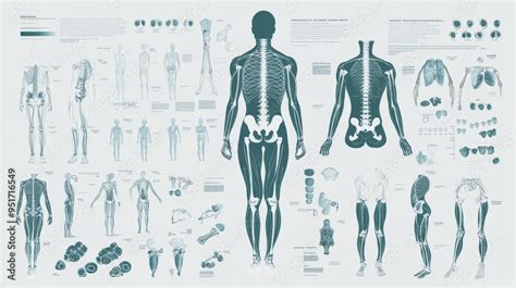 Medical infographic featuring orthopedic anatomy charts. Includes a human silhouette in motion ...