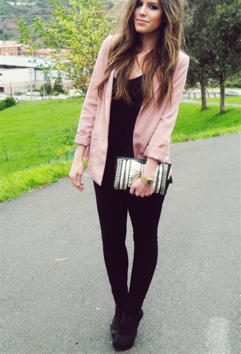 Black dress with pink jacket on Stylevore