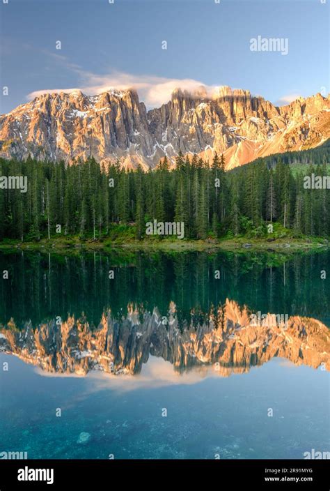 Lake Carezza (Karersee) during sunrise. Italy Travel. Mountain ...