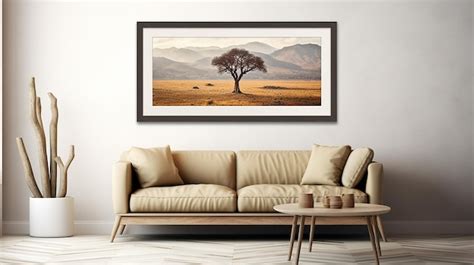 Premium AI Image | a landscape framed print of a landscape with a tree ...