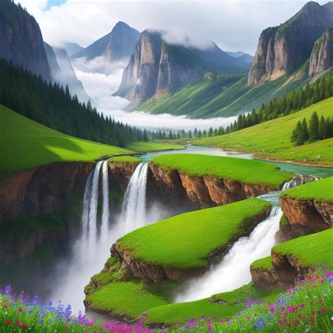 Premium AI Image | Mountain valley with waterfall