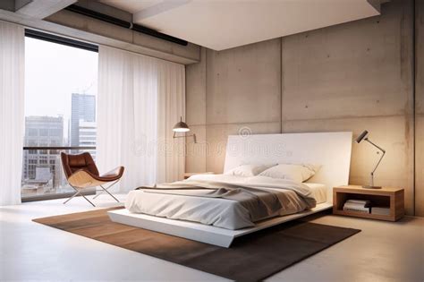 Modern Bedroom with Large Window in Loft Style Stock Photo - Image of ...