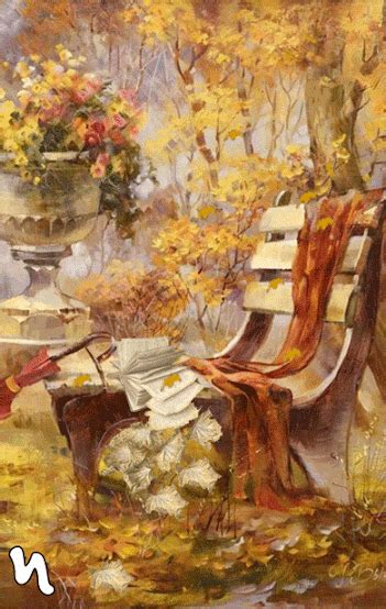 a painting of a park bench with flowers in the background