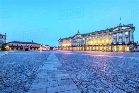 Ornate buildings over cobblestone plaza, Santiago de Compostela, A Coruna, Spain - Stock Photo ...