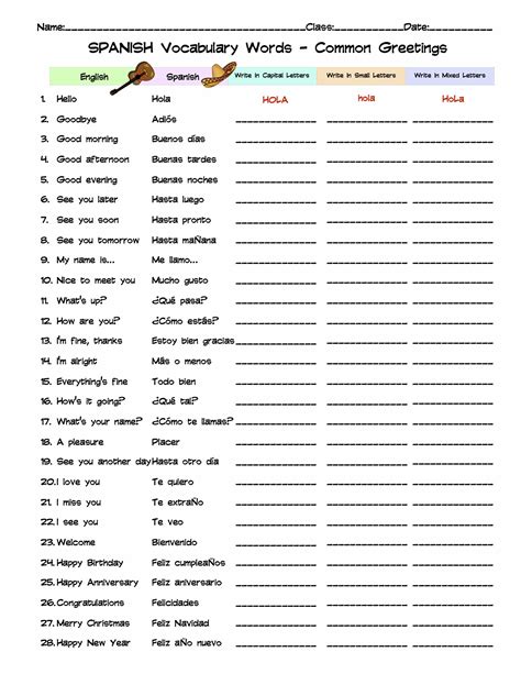 Spanish Common Greetings Vocabulary Word list Column Worksheet | Made By Teachers