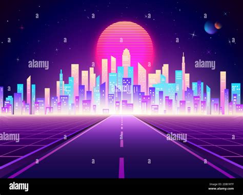 Neon retro city landscape. Highway to Cyberpunk futuristic town. Sci-fi ...