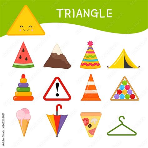 Materials for kids learning forms. A set of triangle shaped objects Stock Vector | Adobe Stock