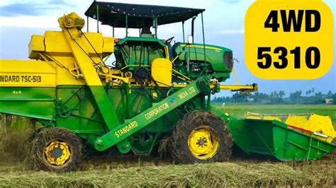 John Deere 5310 harvester harvesting paddy field in the village | John Deere 4WD - YouTube