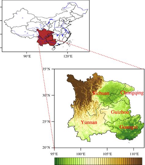 Location of Southwest China (top left) and its topography (bottom ...