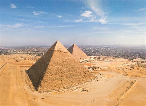 Aerial view of the Great Pyramids of Giza in Egypt stock photo