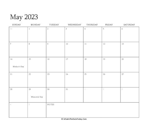 Editable Calendar May 2023 with Holidays | Whatisthedatetoday.Com