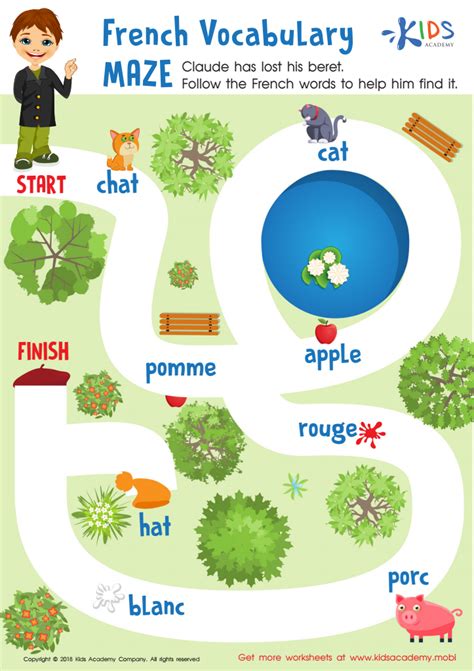 French Vocabulary Maze Worksheet for kids