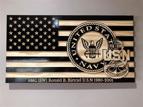 Wooden Carved American Flag Navy Emblem Rank Insignia • Cosmic Frogs Vinyl