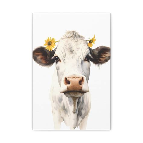 Rustic Farmhouse Barnyard Cow Painting Canvas Print Cow's Face With Daisy Country-inspired ...